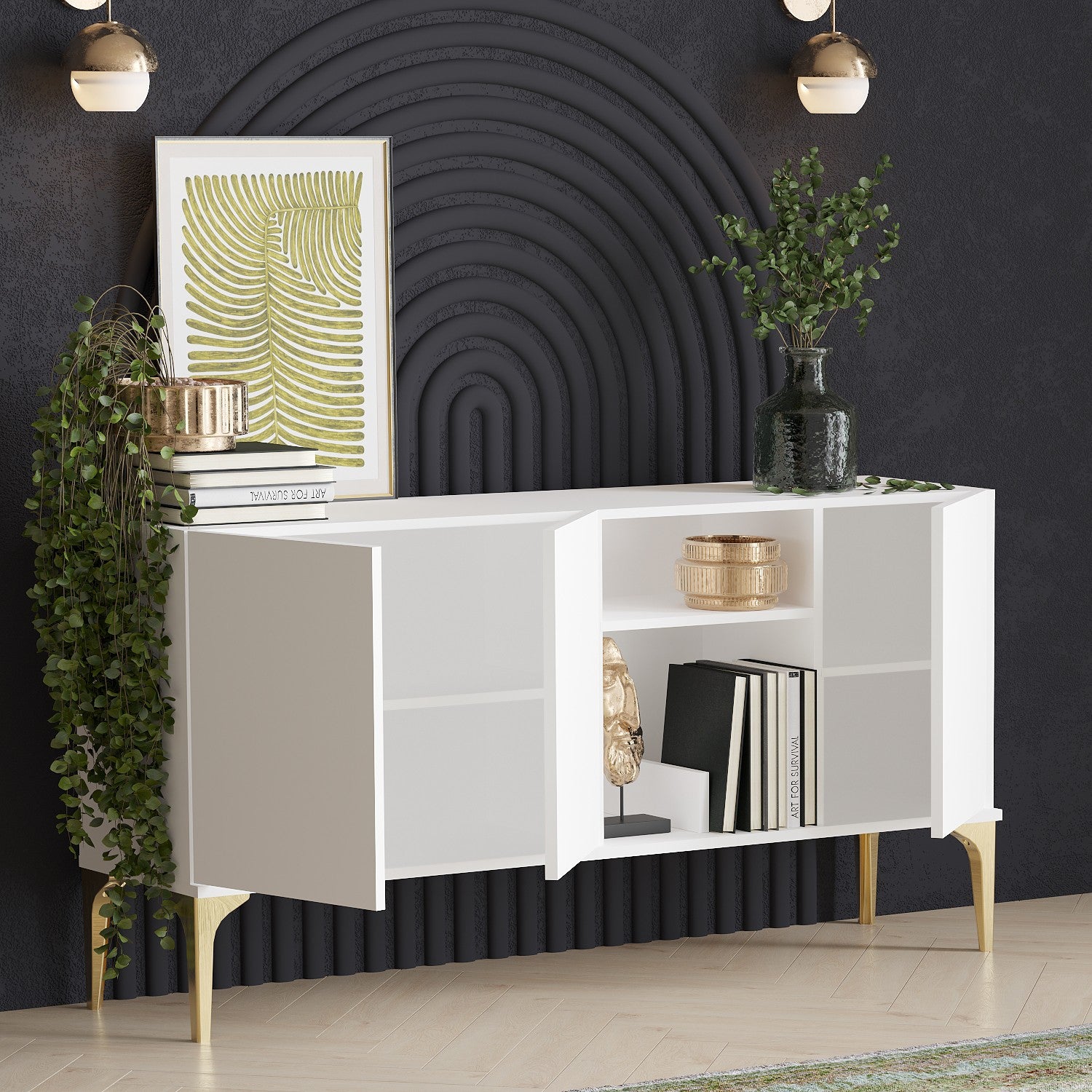 Buffet design 3 portes et deux niches Celina L150cm Blanc Or