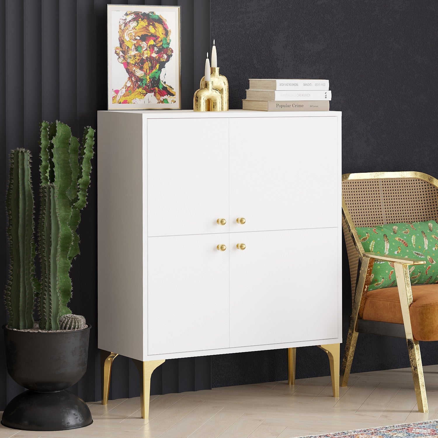 Buffet design 4 portes Celina L90cm Blanc Or