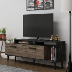 Meuble Tv Zava L150cm Bois foncé et Effet marbre Noir