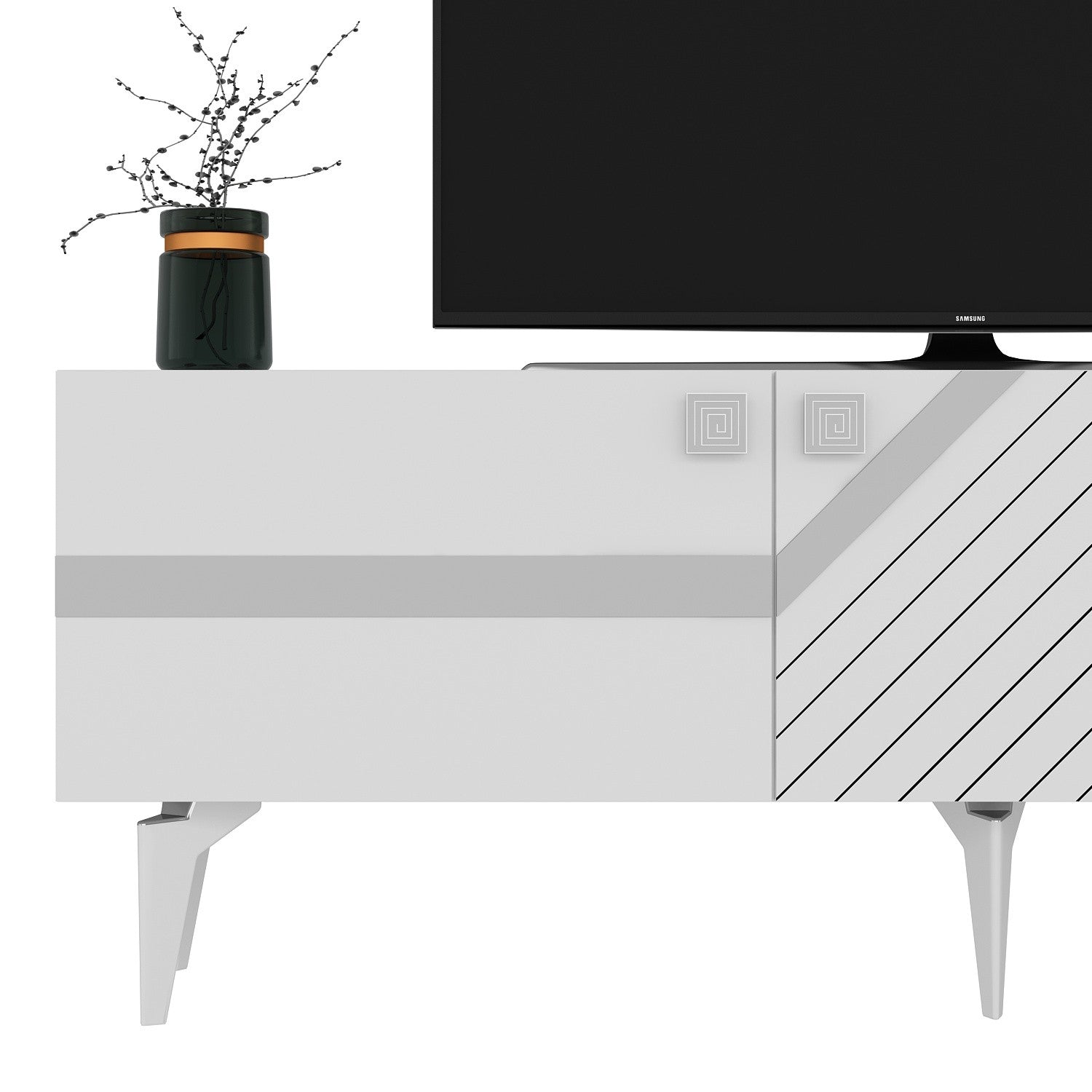 Meuble TV style art déco Ekizio L150cm Blanc et Effet miroir Argent