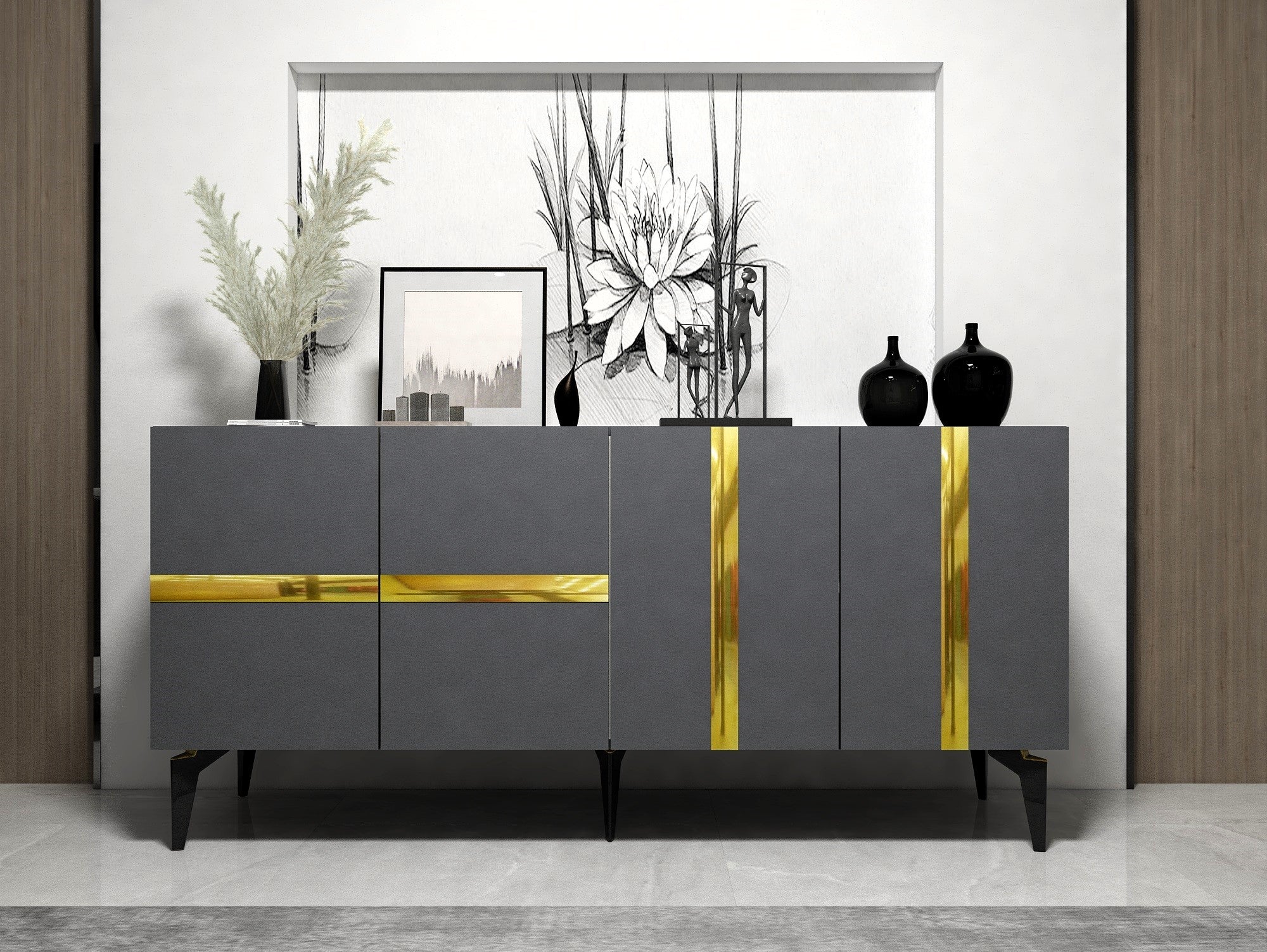 Buffet style art déco Vanda L150cm Anthracite et Effet miroir Or