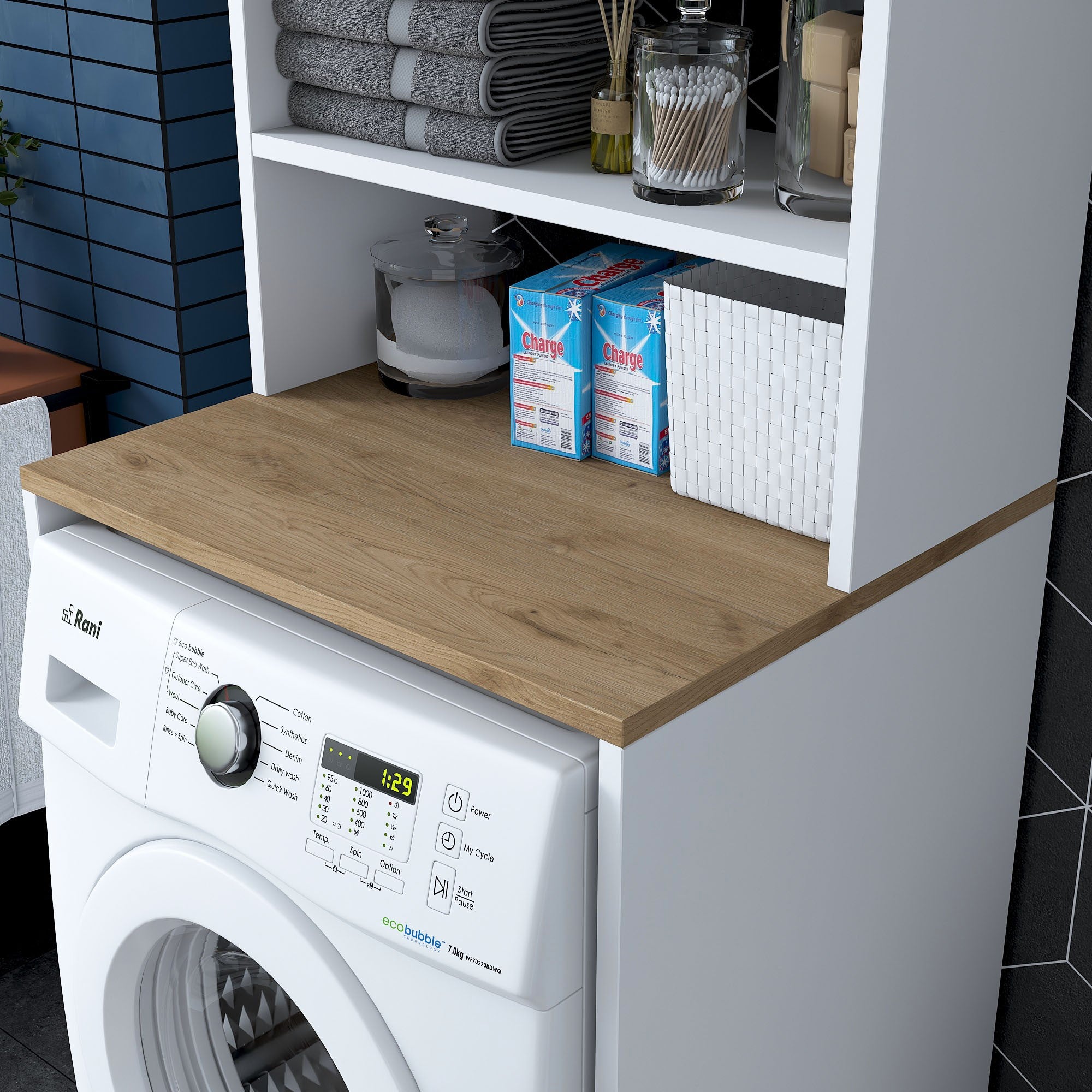 Meuble machine à laver 2 niveaux Donny L65xH183,6cm Blanc et Bois naturel