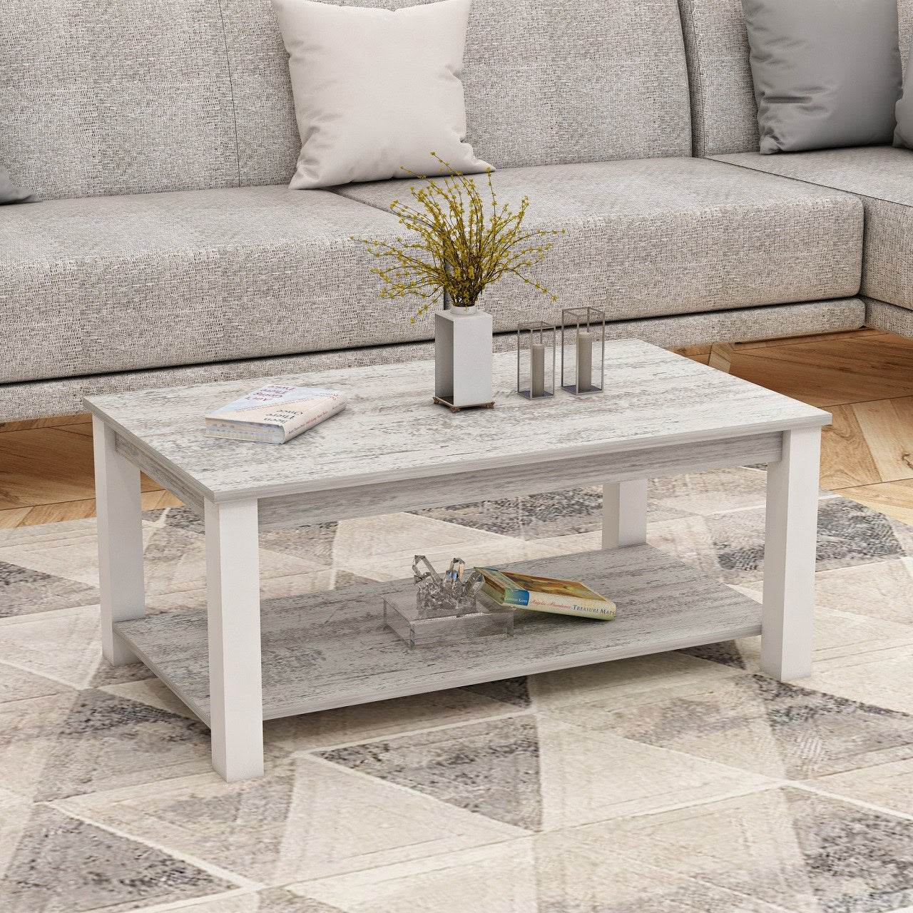 Table basse Ceranto L90cm Bois Blanc et Gris