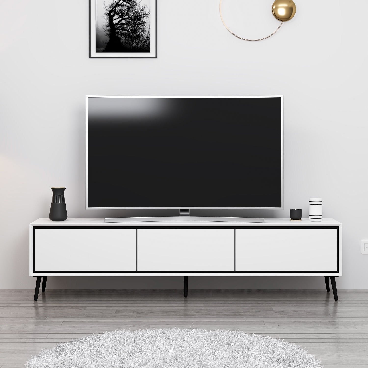 Meuble TV moderne Aves L180cm Blanc et Noir