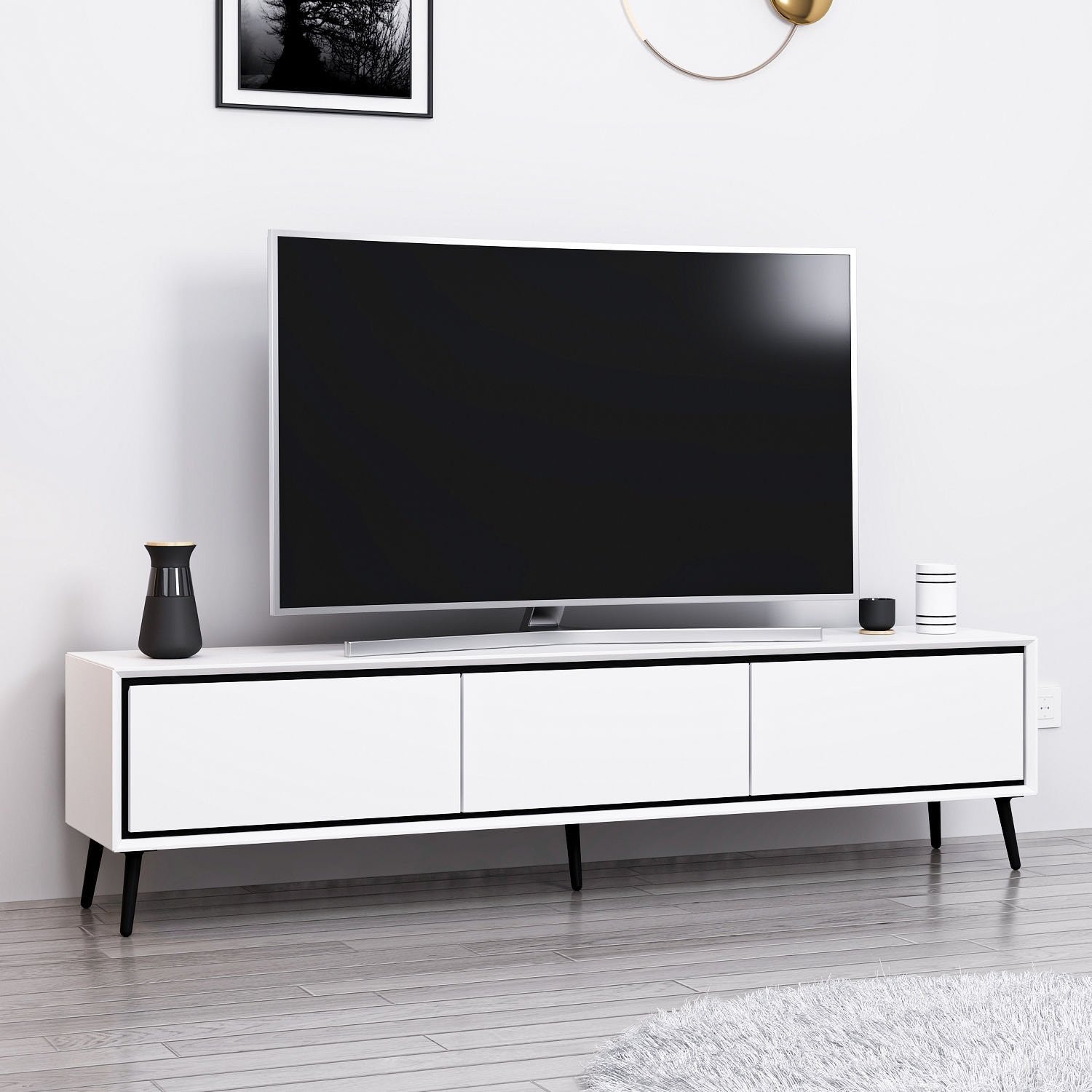 Meuble TV moderne Aves L180cm Blanc et Noir