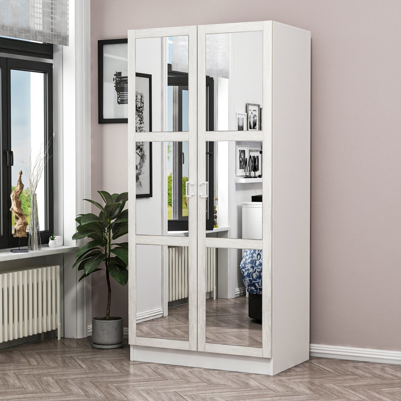 Armoire 2 portes et 6 miroirs Parai L90xH210cm Blanc