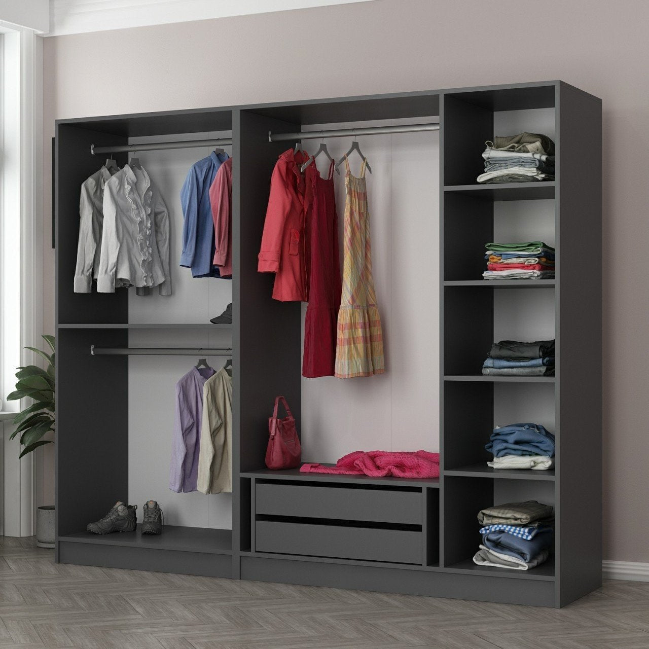 Armoire ouverte Antipax L225xH210cm 3 tringles et 2 tiroirs Anthracite