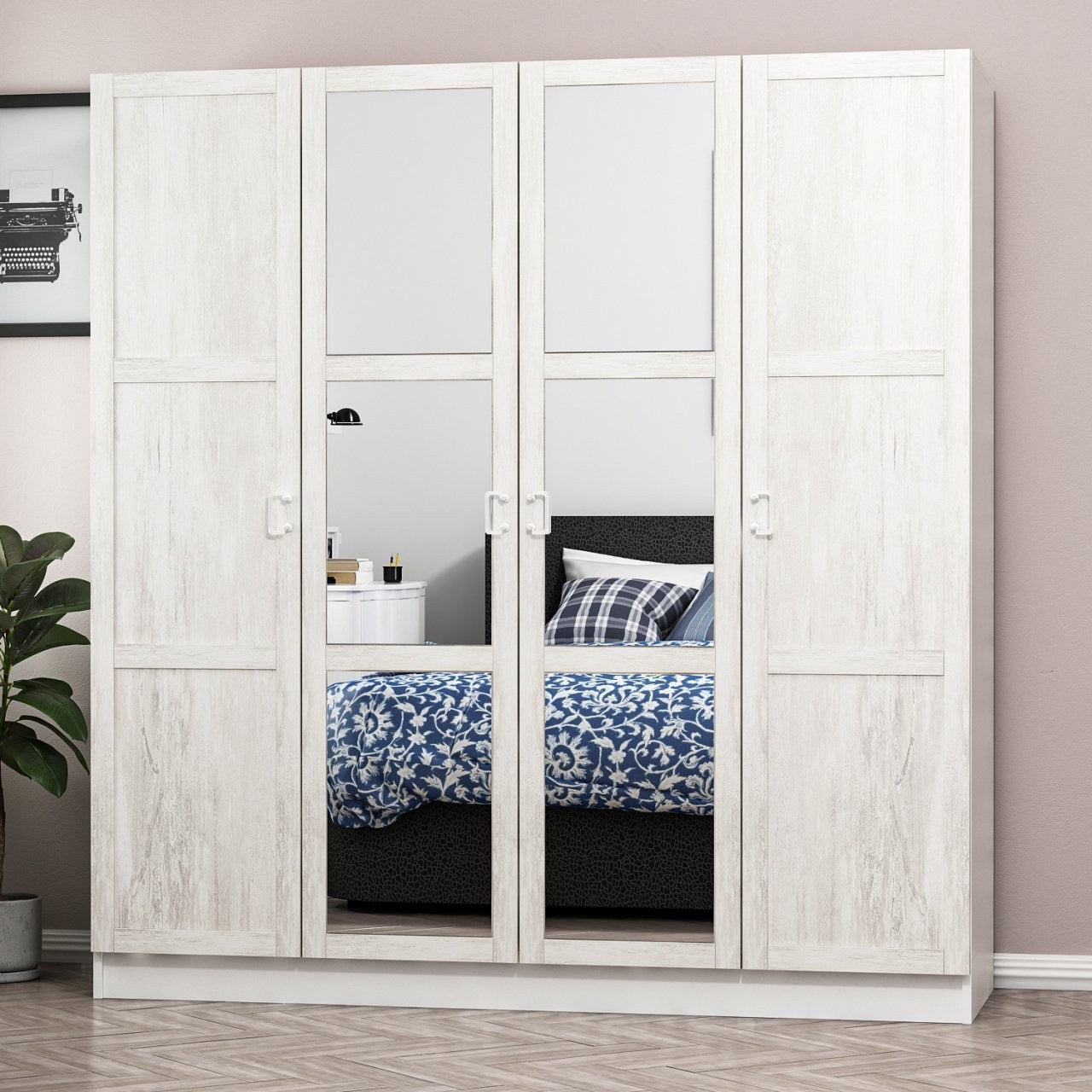 Armoire 4 portes et 6 miroirs Parai L180xH190cm Blanc