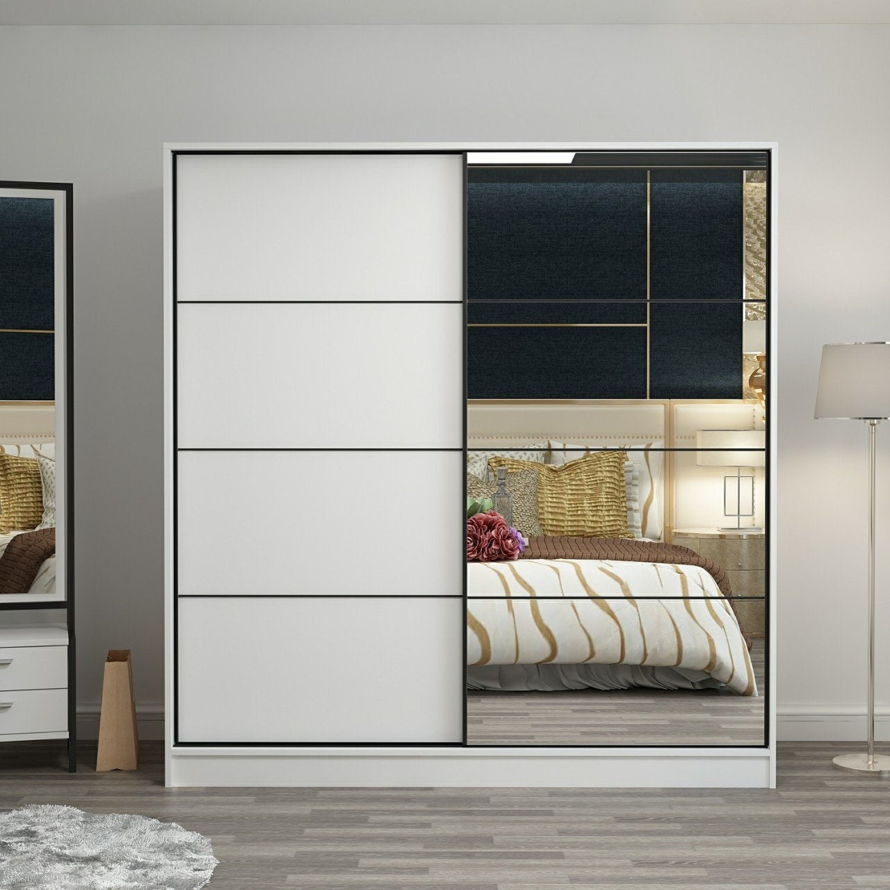 Dressing avec 2 porte coulissantes et miroir à droite Carina L180xH190cm Blanc