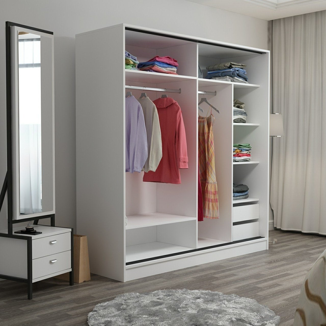 Dressing avec 2 porte coulissantes et miroir à droite Carina L180xH210cm Bois clair et Blanc