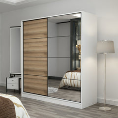 Dressing avec 2 porte coulissantes et miroir à droite Carina L180xH210cm Bois clair et Blanc