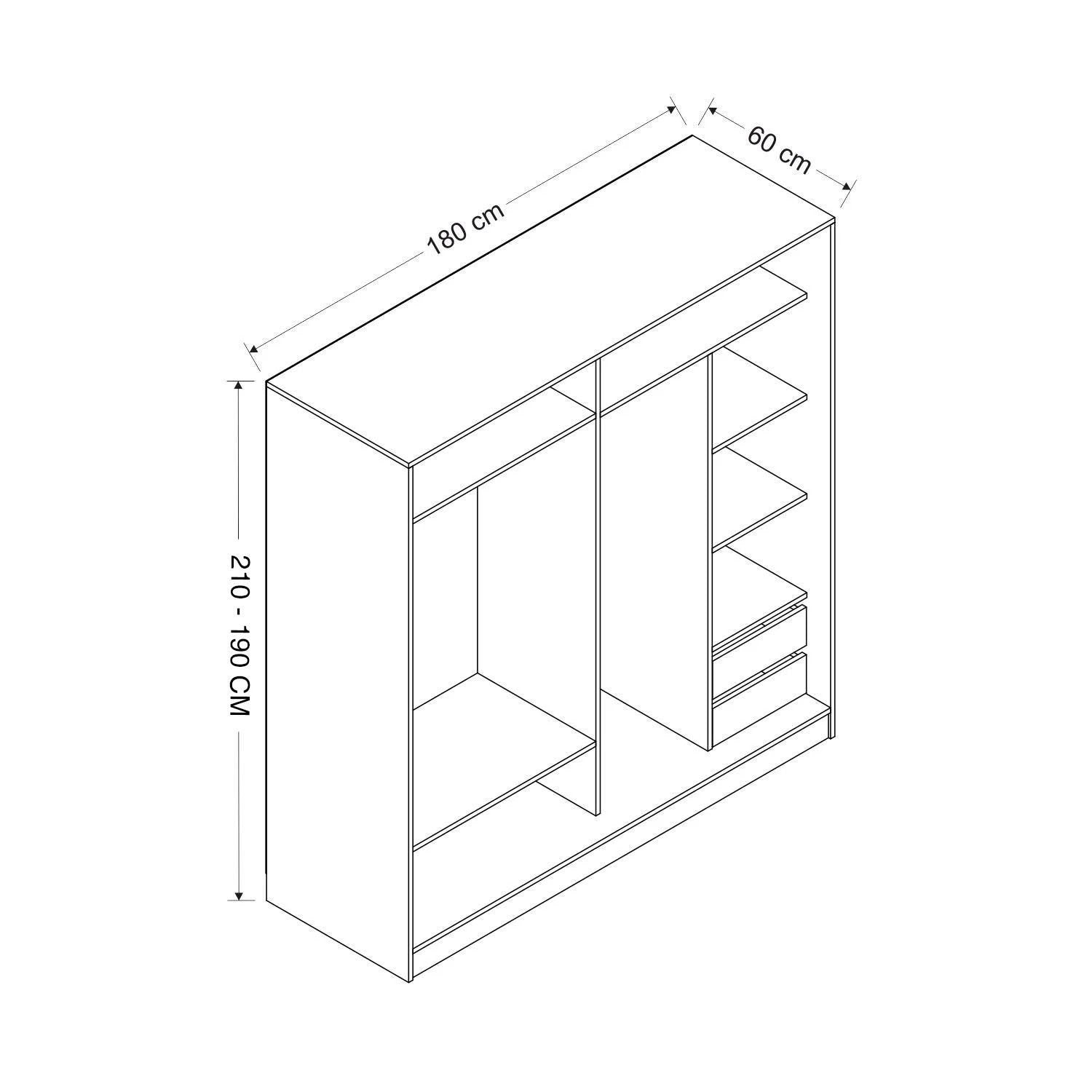 Dressing avec 2 porte coulissantes et miroir à droite Carina L180xH210cm Bois clair et Blanc