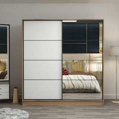 Dressing avec 2 porte coulissantes et miroir à droite Carina L180xH190cm Bois clair et Blanc