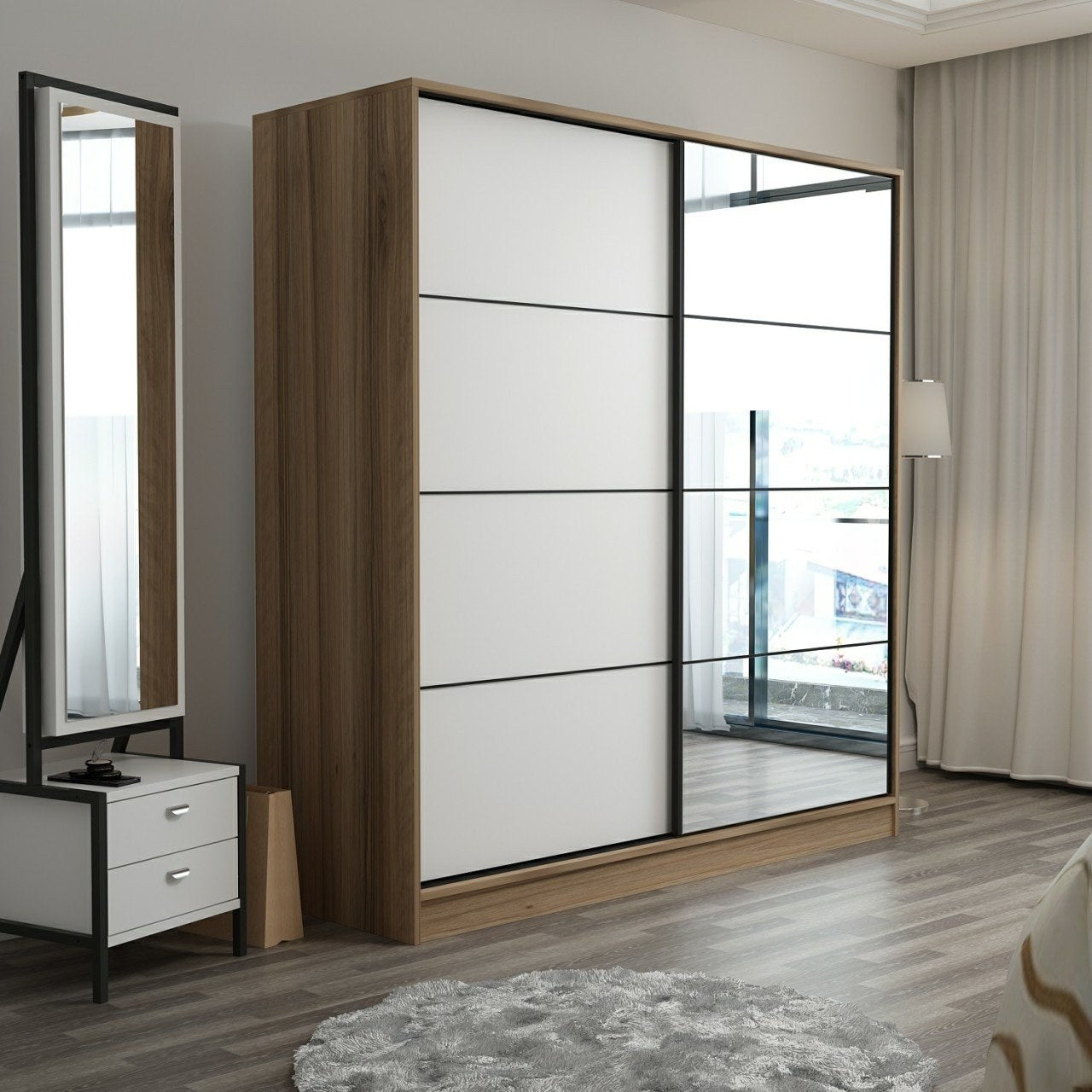 Dressing avec 2 porte coulissantes et miroir à droite Carina L180xH190cm Bois clair et Blanc