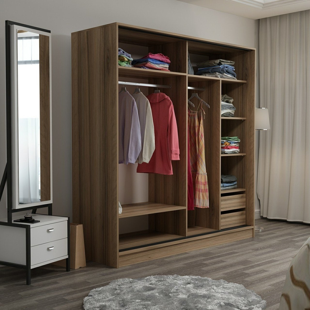 Dressing avec 2 porte coulissantes et miroir à droite Carina L180xH190cm Bois clair et Blanc