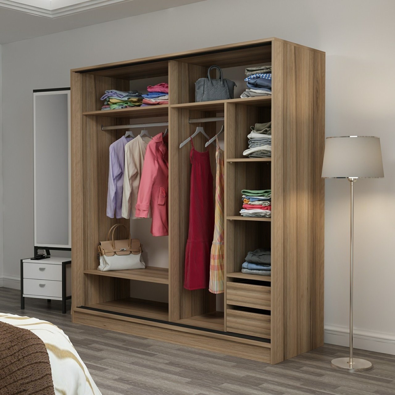 Dressing avec 2 porte coulissantes et miroir à droite Carina L180xH190cm Bois clair et Blanc