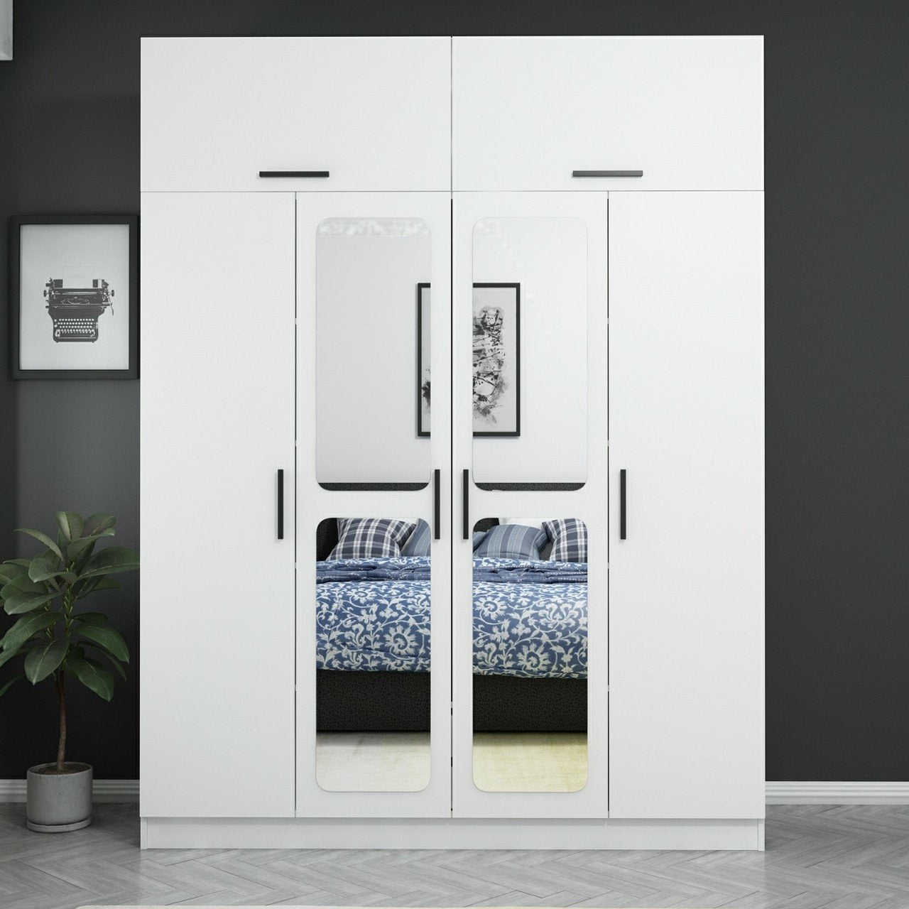 Armoire 6 portes et 4 miroirs Sanur L180xH235cm Blanc