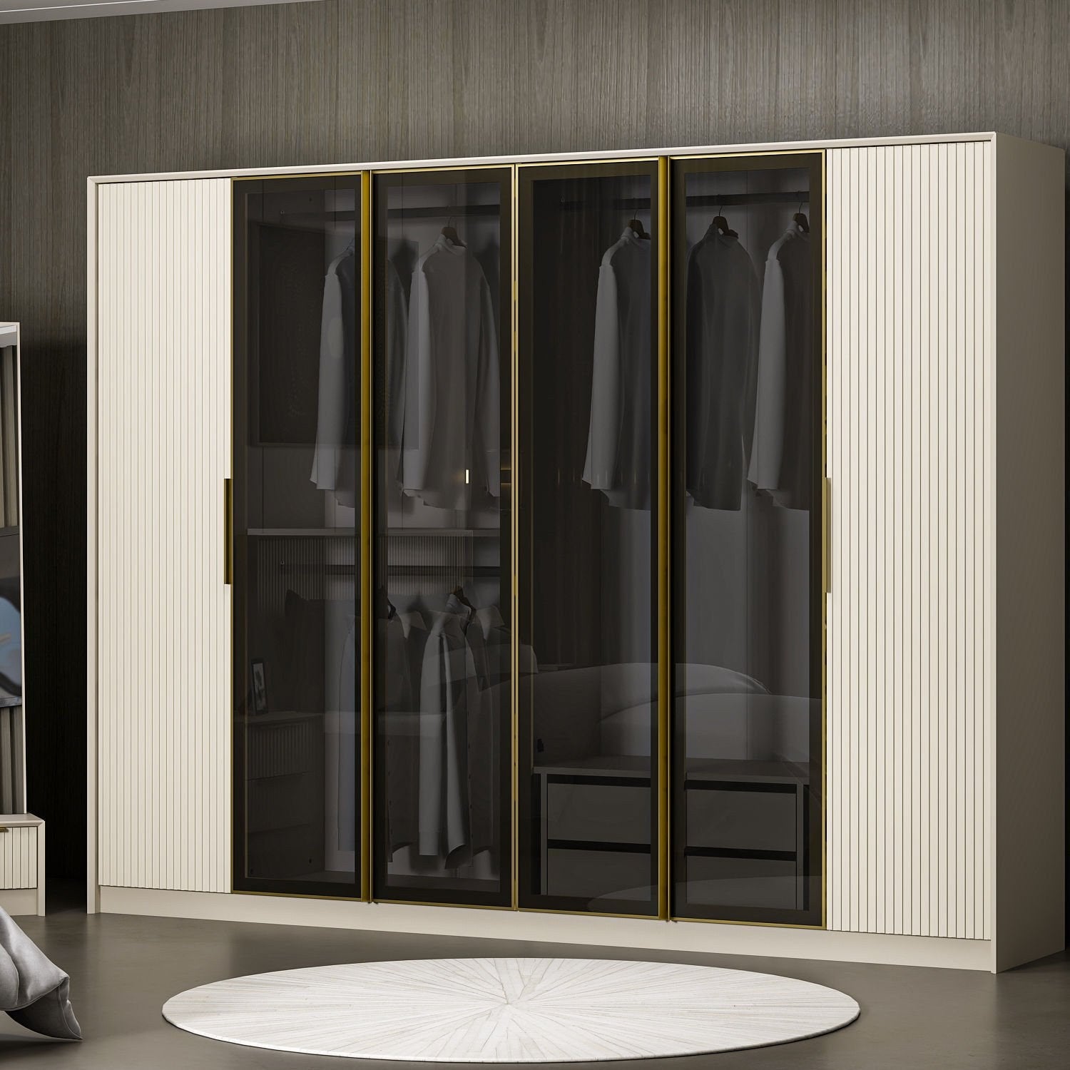 Armoire 2 portes et 4 portes vitrées Eurybie L274xH210cm Blanc crème avec finition doré