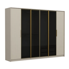 Armoire 2 portes et 4 portes vitrées Eurybie L274xH210cm Blanc crème avec finition doré