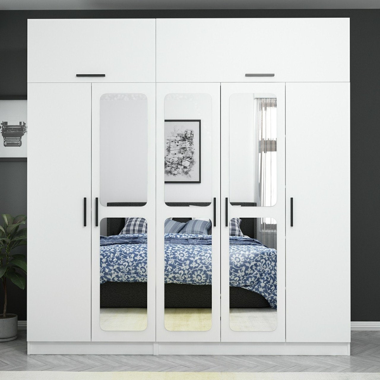 Armoire 7 portes et 6 miroirs Sanur L225xH235cm Blanc