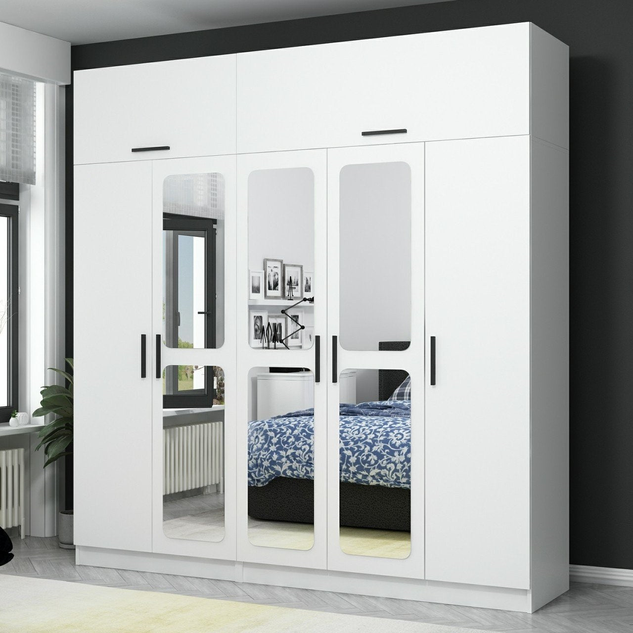 Armoire 7 portes et 6 miroirs Sanur L225xH255cm Blanc