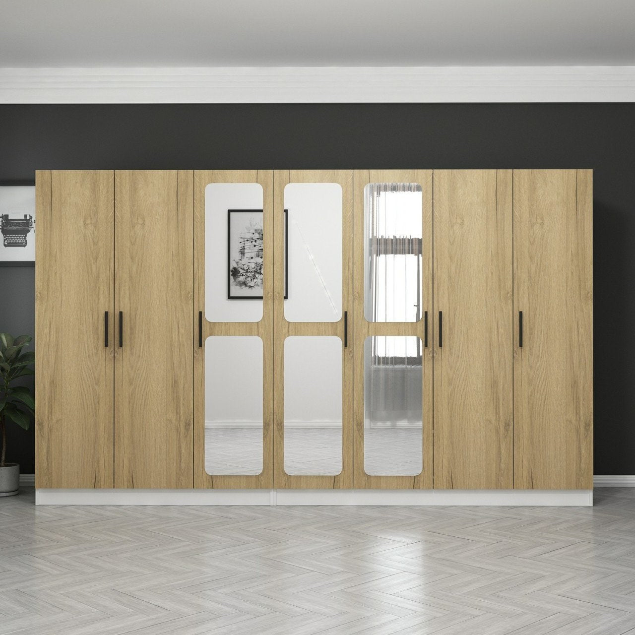 Armoire 7 portes et 6 miroirs Bangka L315xH210cm avec 2 tringles et 4 tiroirs Bois clair