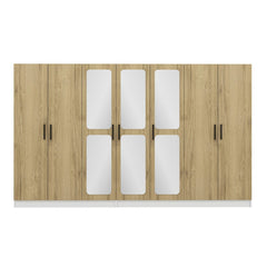 Armoire 7 portes et 6 miroirs Bangka L315xH210cm avec 2 tringles et 4 tiroirs Bois clair