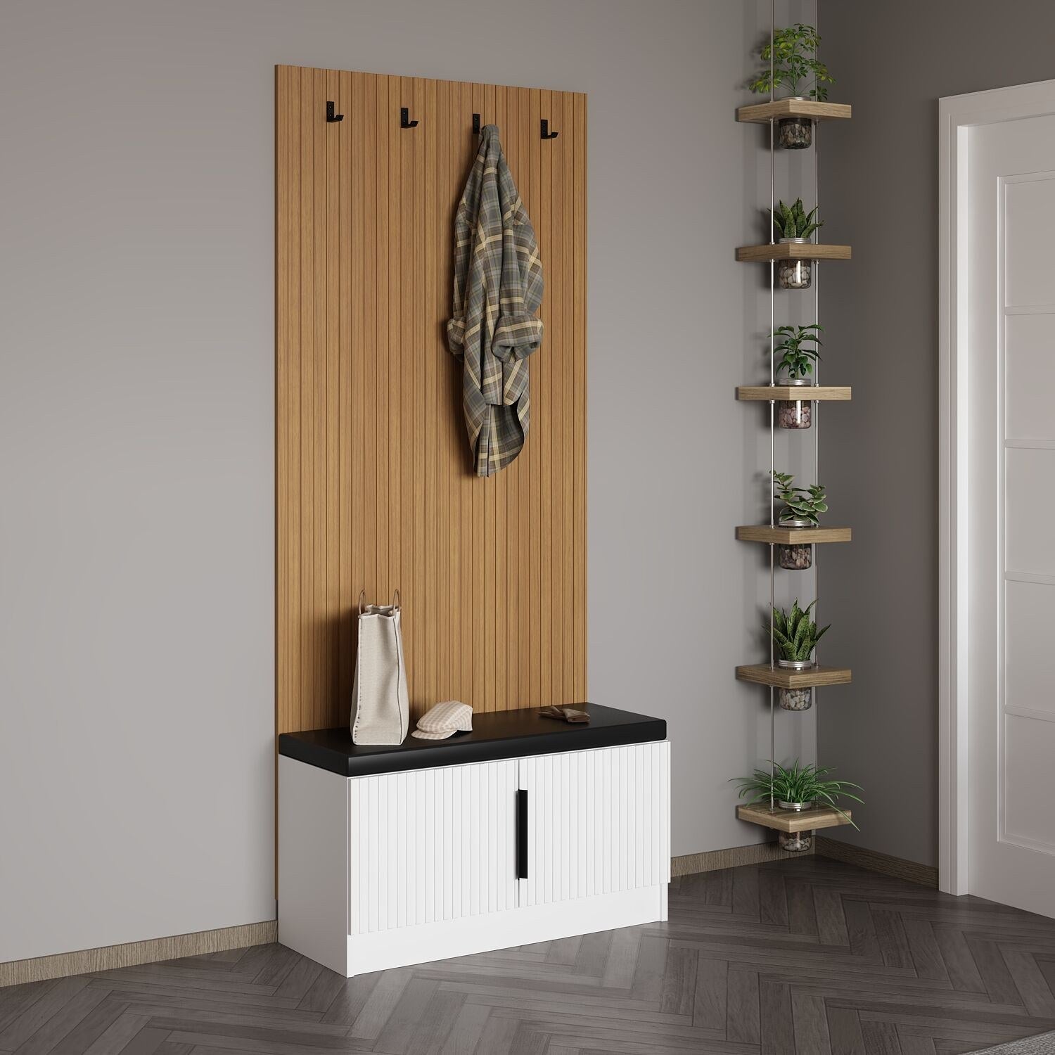 Meuble d'entrée Lilion L90xH210cm Bois clair et Blanc