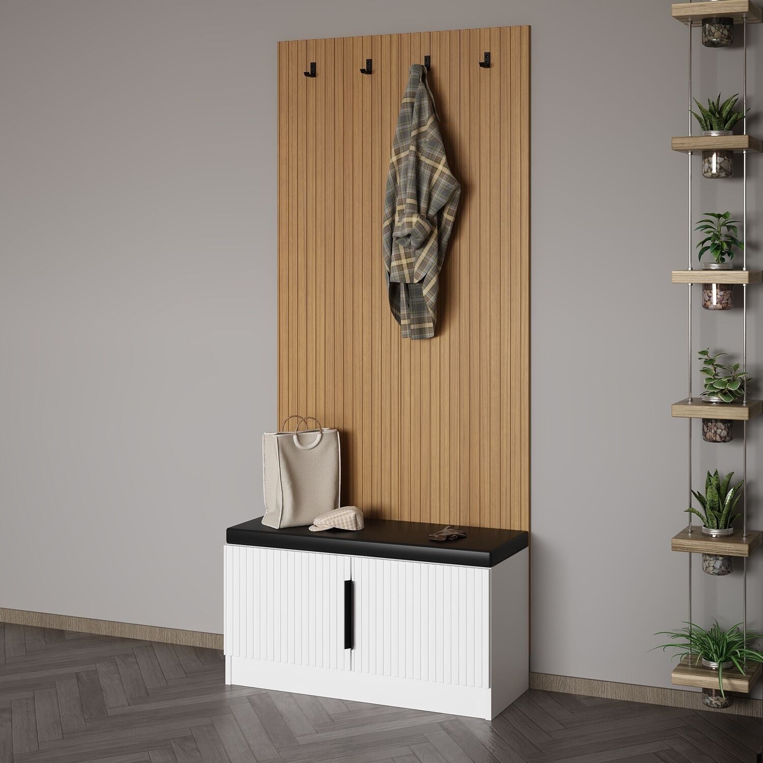 Meuble d'entrée Lilion L90xH210cm Bois clair et Blanc