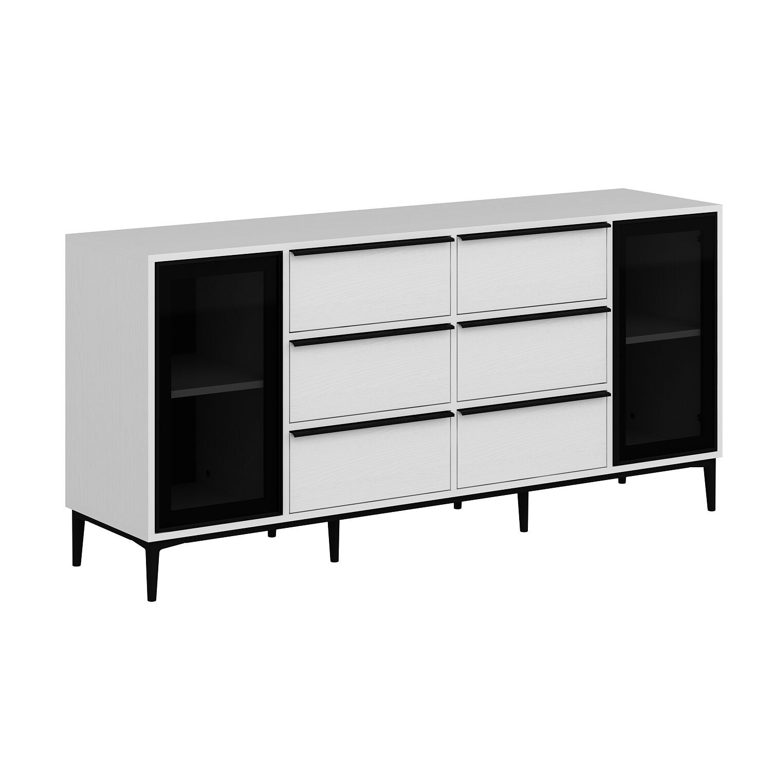 Buffet 2 portes et 6 tiroirs moderne Bakita L180cm Blanc et Noir