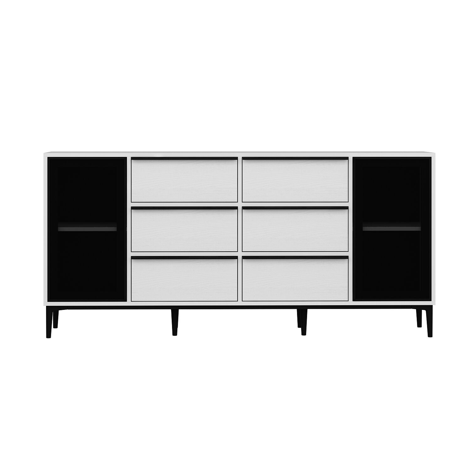 Buffet 2 portes et 6 tiroirs moderne Bakita L180cm Blanc et Noir