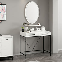 Coiffeuse moderne 2 tiroirs avec étagère et miroir Sinane Blanc et Noir