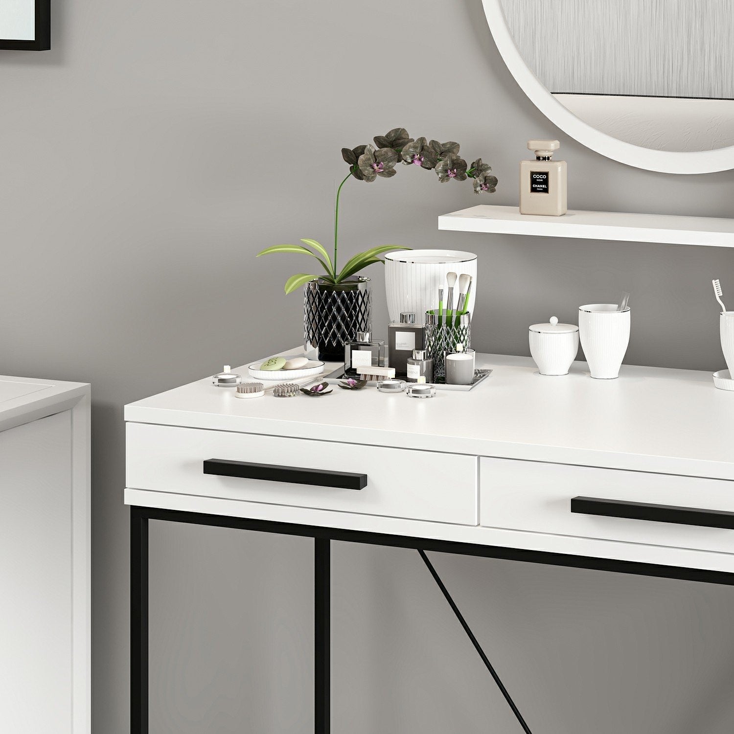 Coiffeuse moderne 2 tiroirs avec étagère et miroir Sinane Blanc et Noir