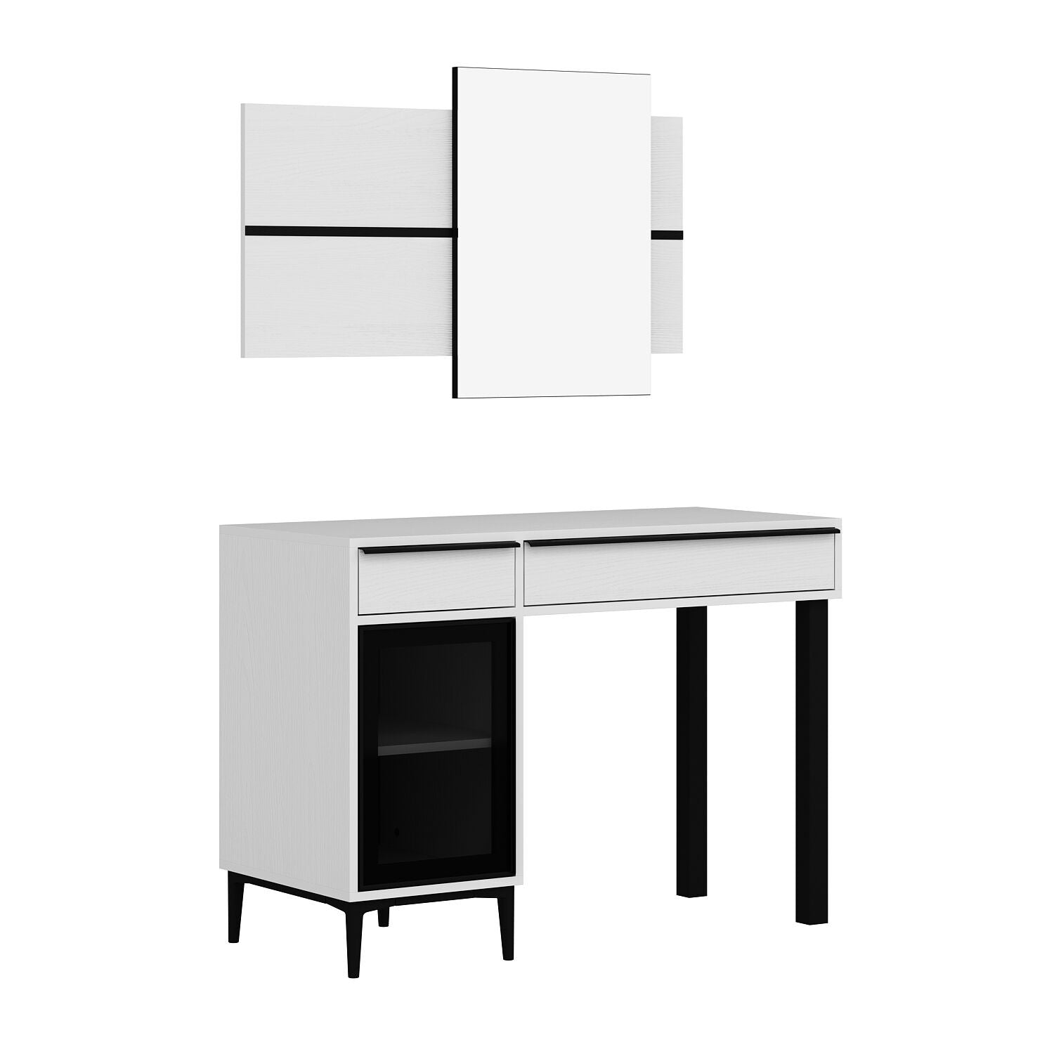 Coiffeuse moderne 2 tiroirs et 1 porte avec miroir Bakita L120cm Blanc et Noir