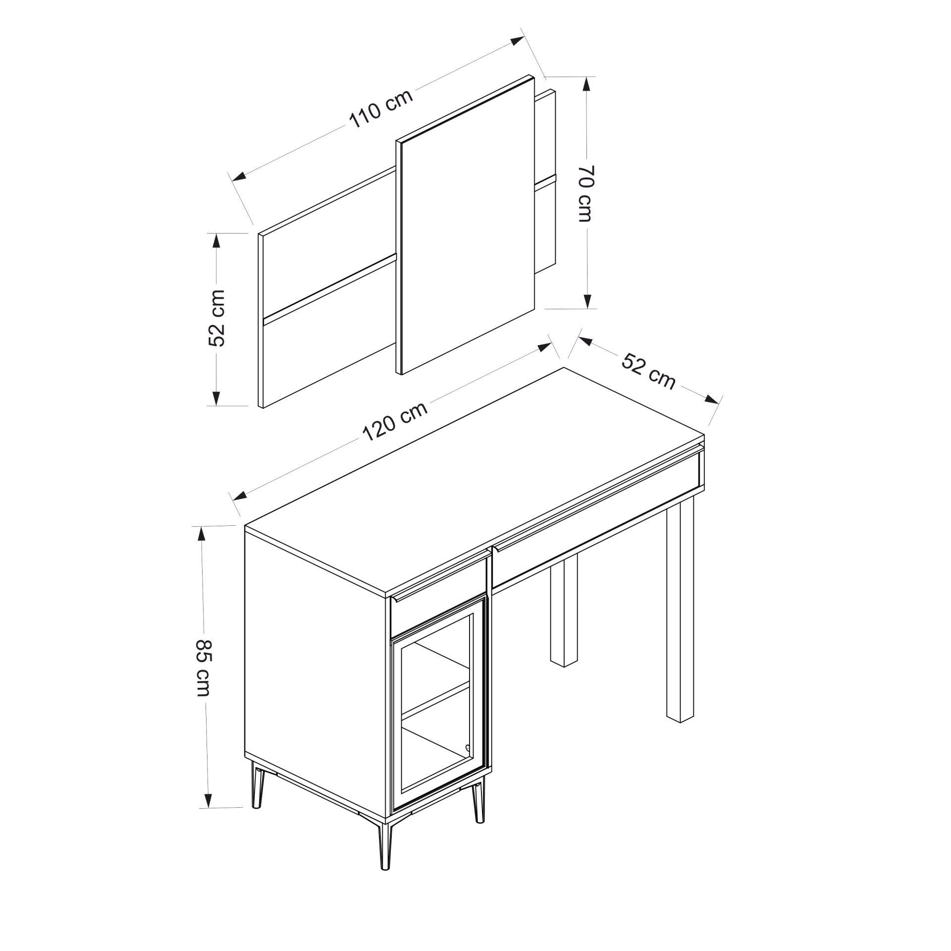 Coiffeuse moderne 2 tiroirs et 1 porte avec miroir Bakita L120cm Blanc et Noir