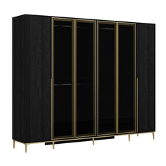 Armoire moderne 4 portes vitrées Bakita L268cm Noir et Or