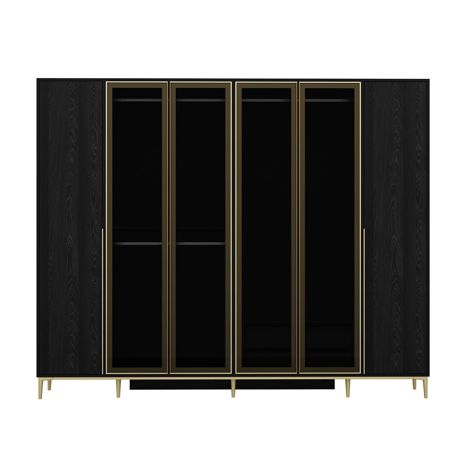 Armoire moderne 4 portes vitrées Bakita L268cm Noir et Or