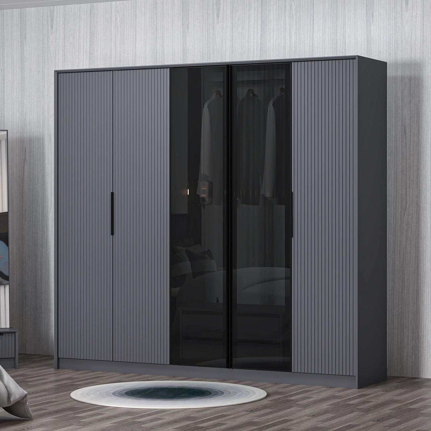 Armoire à 2 portes vitrées Eurybie L228xH210cm avec 3 trigles et 2 tiroirs Anthracite