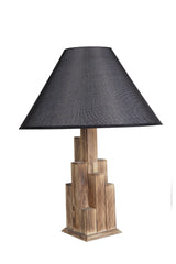 Lampe à poser style vintage moderne Tatri Abat jour conique Tissu Noir avec support Motif Géométrique Bois clair