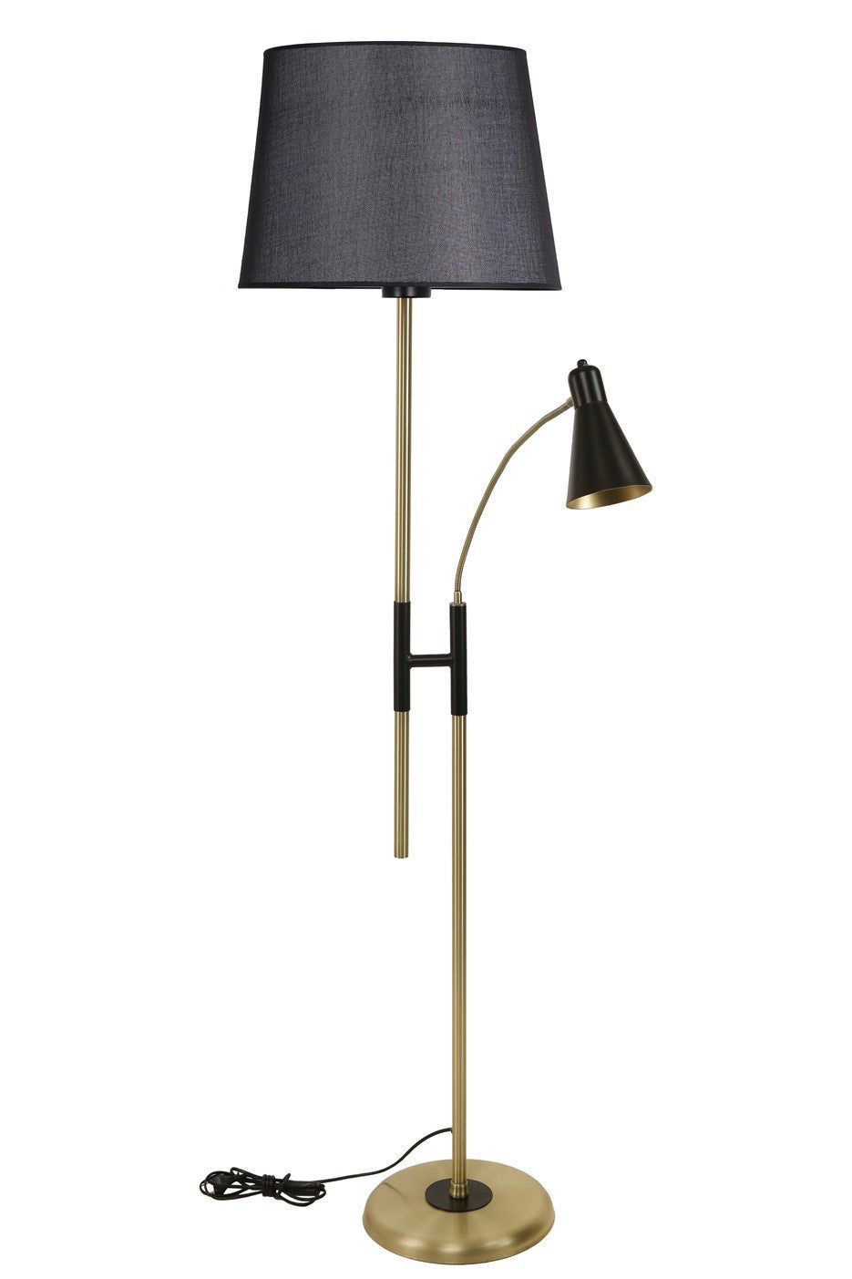 Lampadaire 2 ampoules Mullsam H165cm Tissu Anthracite et Métal Or et Noir