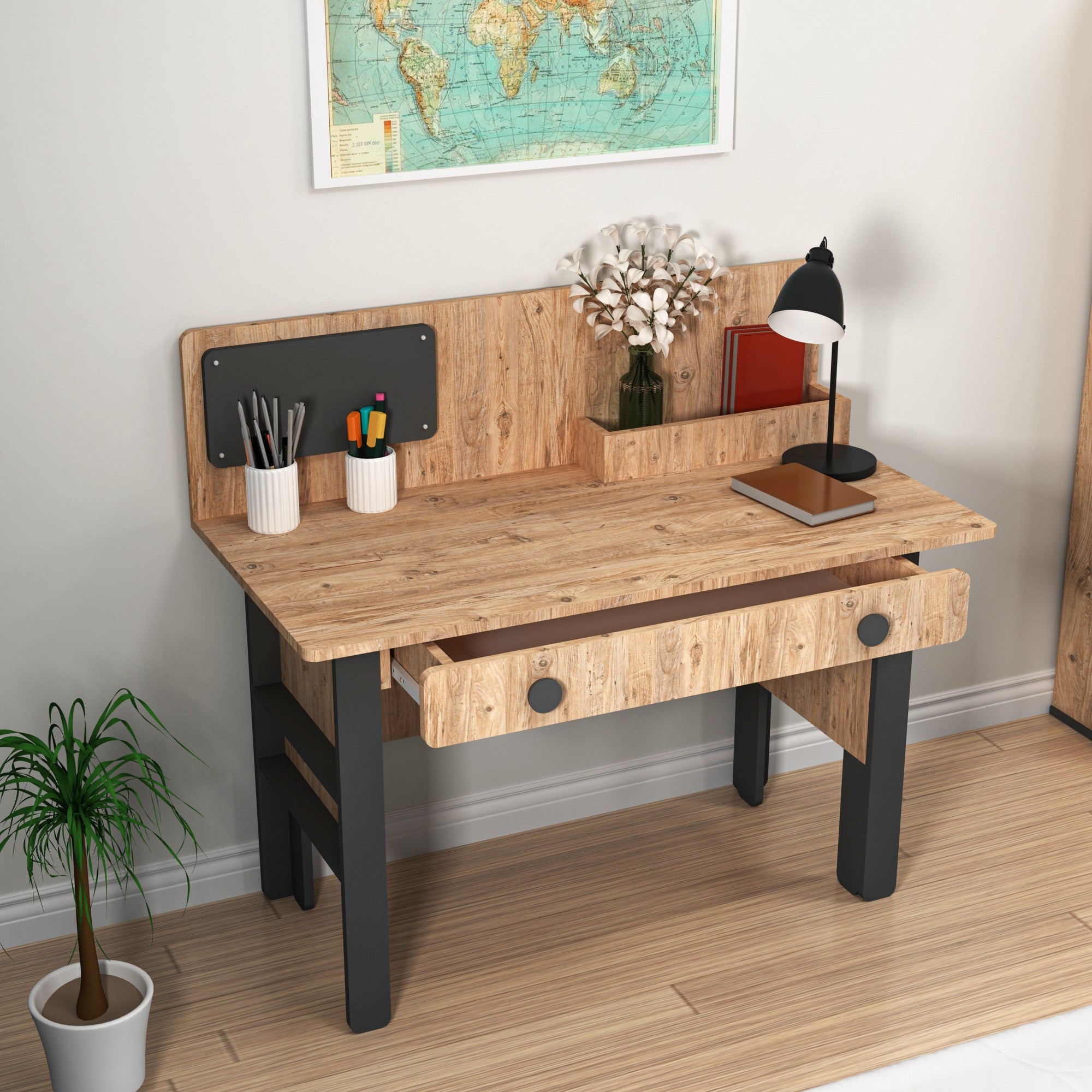 Bureau avec tiroir Donall L120cm Bois naturel et Anthracite