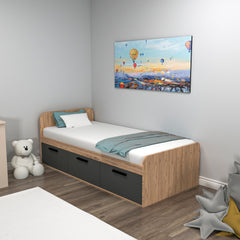 Lit simple pour enfant avec rangement Lollin 90x190cm Bois foncé et Anthracite