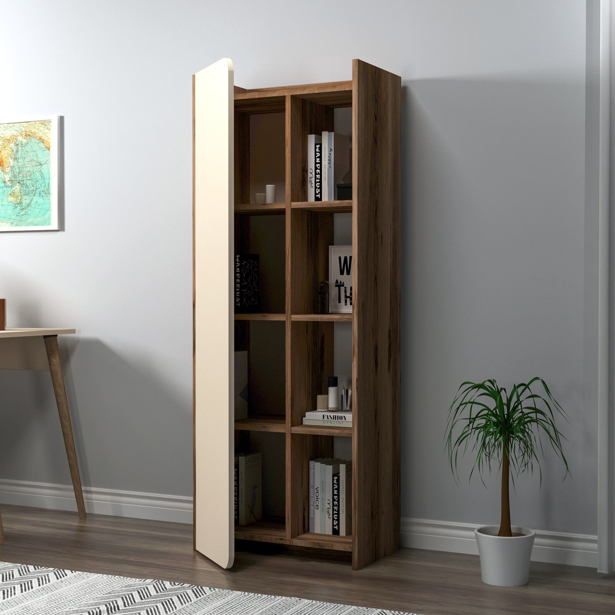 Étagère bibliothèque à porte battante Maritta L60cm Bois clair et Beige