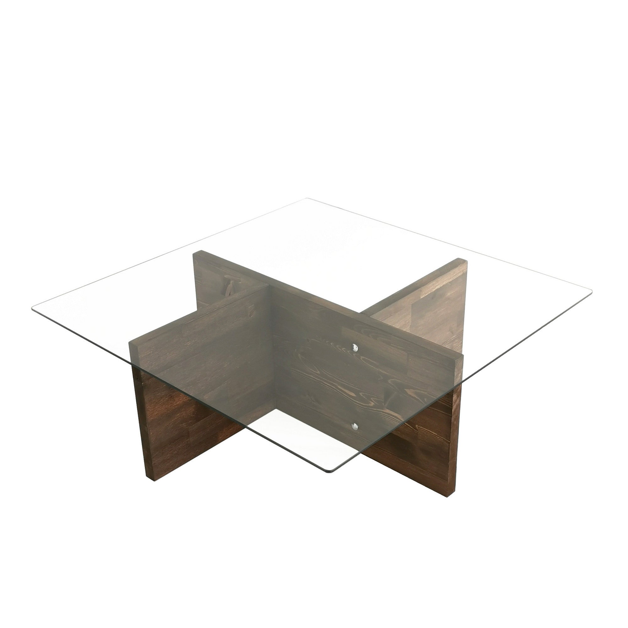 Table basse design carré Enatone 90cm Pin massif foncé et Verre Transparent