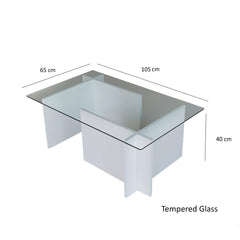 Table basse Melar 105x65cm Bois Blanc et Verre Transparent