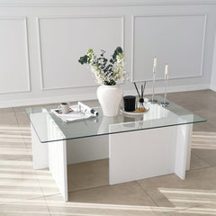 Table basse Melar 105x65cm Bois Blanc et Verre Transparent