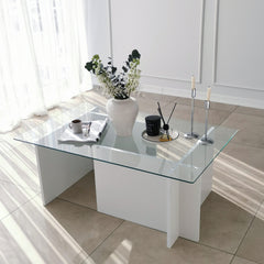 Table basse Melar 105x65cm Bois Blanc et Verre Transparent