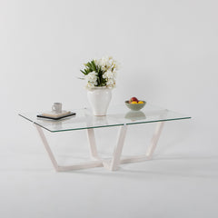 Table basse moderne Dinter L105cm Bois massif Blanc et Verre Transparent