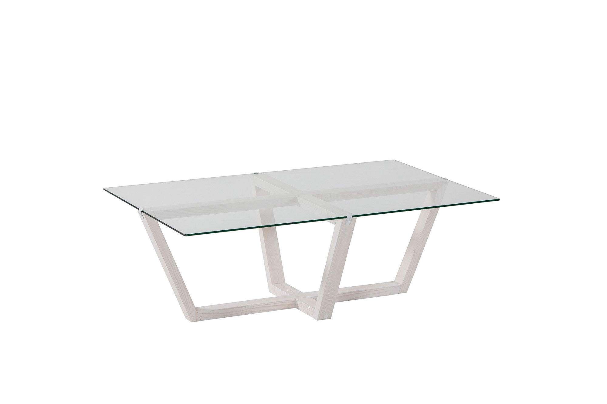 Table basse moderne Dinter L105cm Bois massif Blanc et Verre Transparent