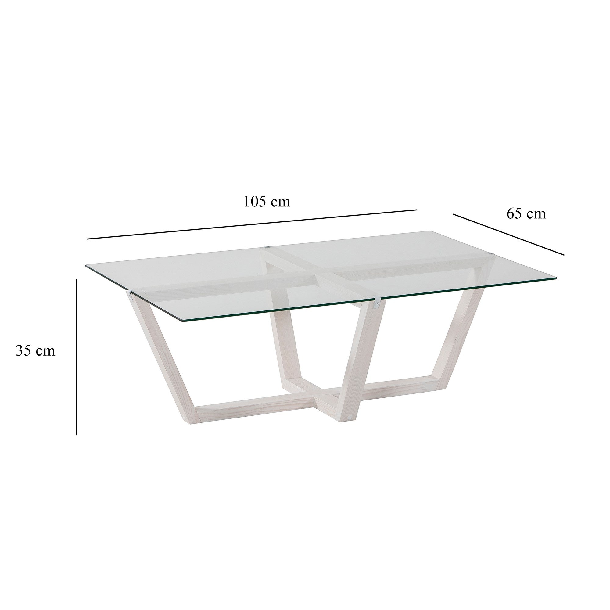 Table basse moderne Dinter L105cm Bois massif Blanc et Verre Transparent